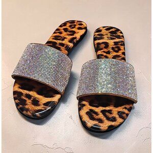 Leopard Print Slides With Rhinestone Straps Stylish Womens Sandals